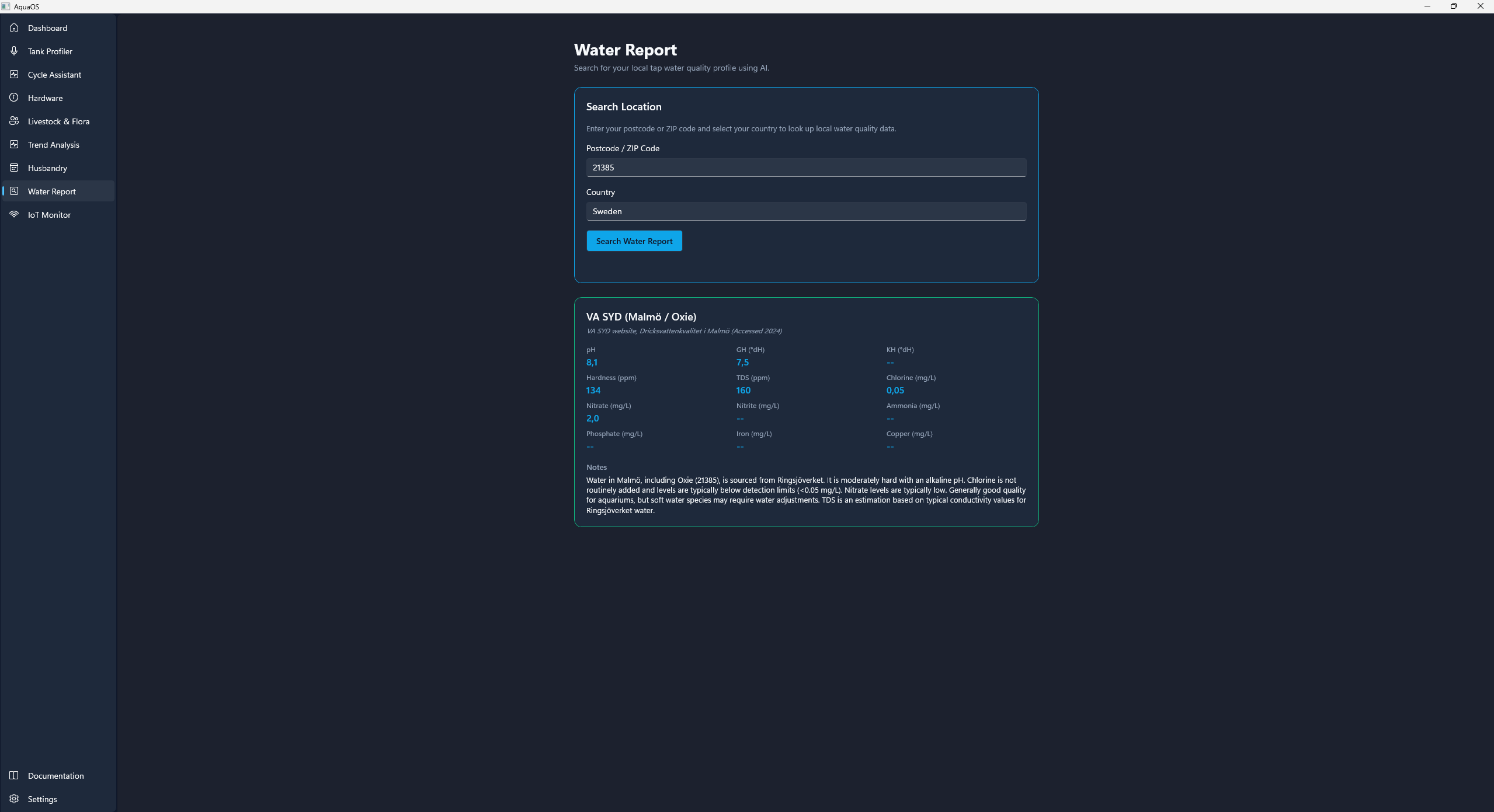 Water Testing screen with parameter logging and historical trend charts