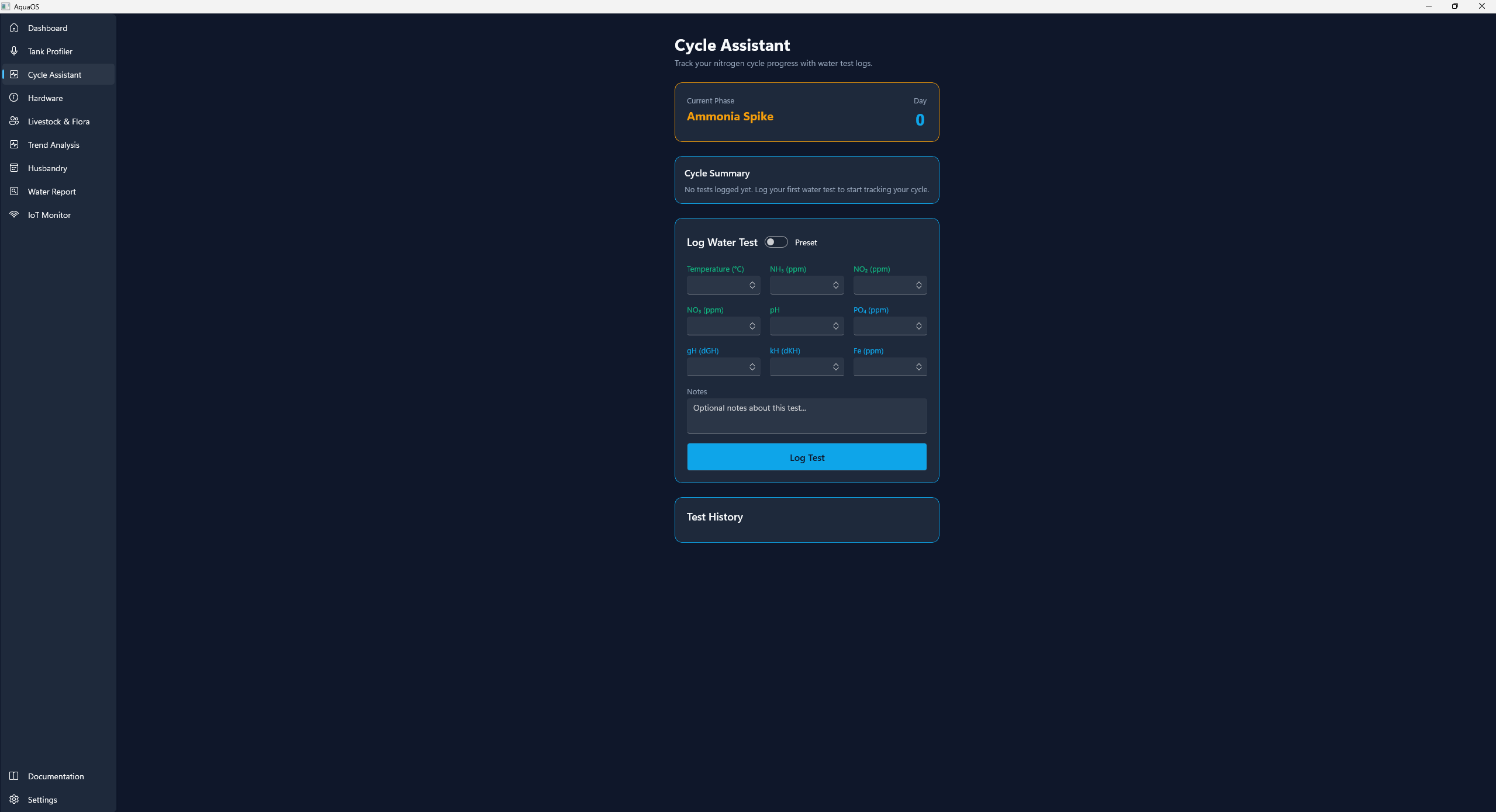 Nitrogen Cycle Assistant tracking cycling phases with sliders and AI analysis