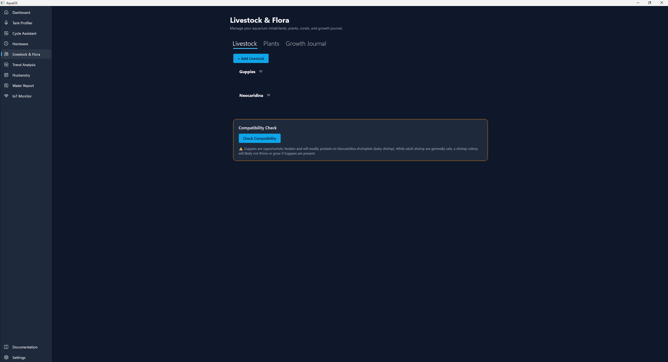 Livestock and Flora manager with species catalog, compatibility checker, and photo tracking