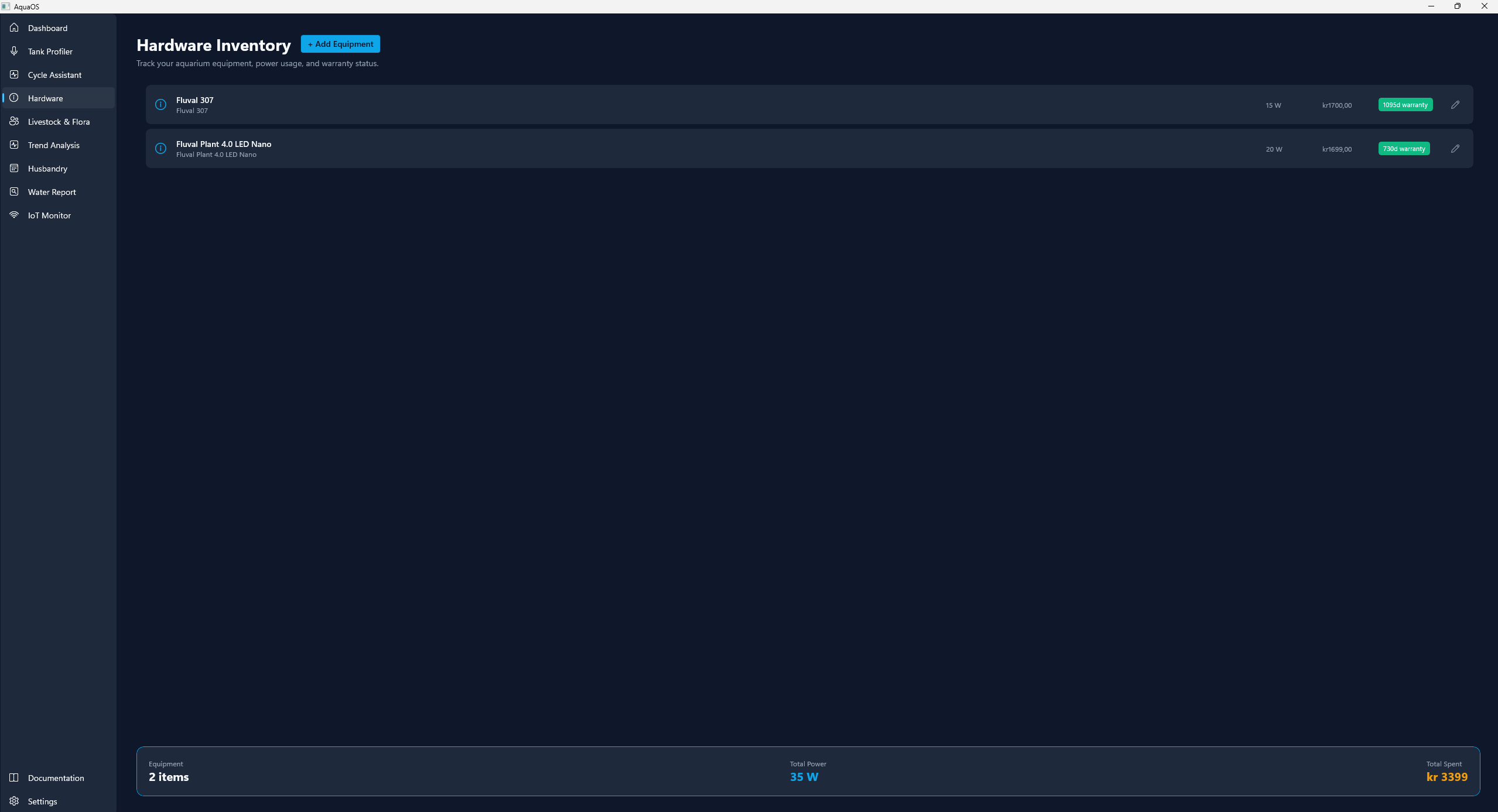 Hardware Inventory listing equipment with costs, warranties, and power usage